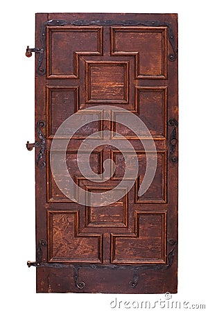 Ancient wooden door with hinges Stock Photo