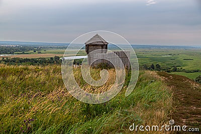 Ancient wooden fortress on a background of river spaces. Russia, Tatarstan, ancient Bulgar fortress in Yelabuga Stock Photo