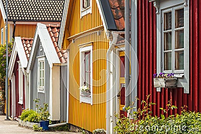 Ancient wooden houses in Karlskrona, Sweden Stock Photo
