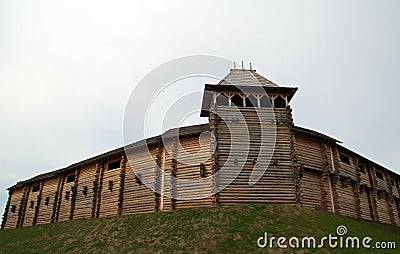 Ancient wooden Kiev fortress of the times of Kievan Rus on sunny spring day Editorial Stock Photo
