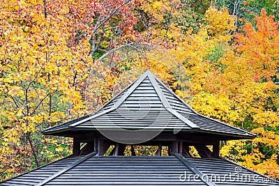 Ancient wooden roofing detail with autumn foliage background Stock Photo