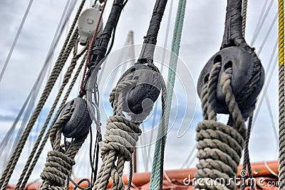Ancient wooden sailboat pulleys Stock Photo