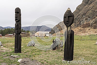 Ancient wooden statues for worship during paganism. symbol of the worship of pagan tribes Editorial Stock Photo