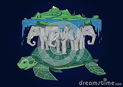 Ancient world model, mythical flat Earth concept. Diskworld resting on elephants and turtle. Flat line vector Vector Illustration