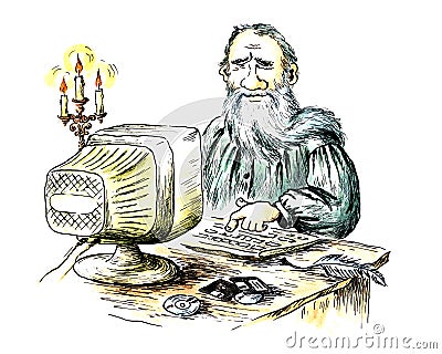 Ancient writer behind the computer Stock Photo