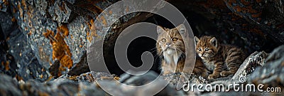 Andean mountain cat with kitten a portrait with space for text, featuring object on the side Stock Photo