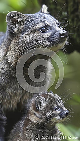 Andean mountain cat and kitten portrait with space for text, object on right side Stock Photo