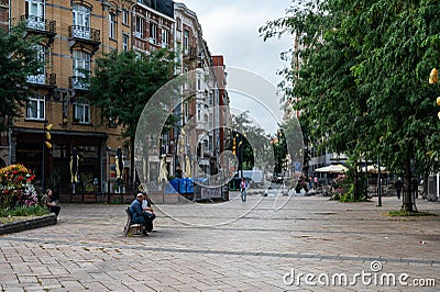 Anderlecht, Brussels Capital Region, Belgium - Residential square in a multi cultural borrow Editorial Stock Photo