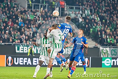 Anderson Esiti, Sammy Mmaee, Nemanja Milunovic and Jovan Mijatovic during a dangerous cross in UEFA Europa League match Editorial Stock Photo