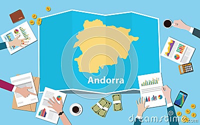 Andorra economy country growth nation team discuss with fold maps view from top Cartoon Illustration