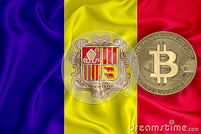 Andorra flag, bitcoin gold coin on flag background. The concept of blockchain, bitcoin, currency decentralization in the country. Stock Photo