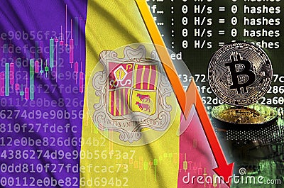 Andorra flag and falling red arrow on bitcoin mining screen and two physical golden bitcoins Stock Photo