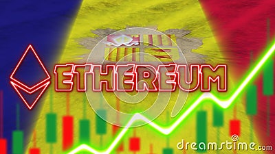 Andorra Flag with Neon Light Effect Ethereum Coin Logo Radial Blur Effect Fabric 3D Illustration Editorial Stock Photo