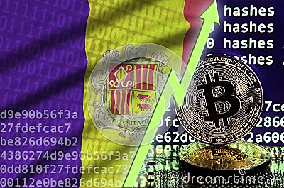 Andorra flag and rising green arrow on bitcoin mining screen and two physical golden bitcoins Stock Photo
