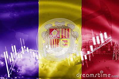 andorra flag, stock market, exchange economy and Trade, oil production, container ship in export and import business and logistics Stock Photo