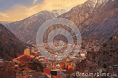 Andorra la Vella skyline at sunset Pyrenees Stock Photo