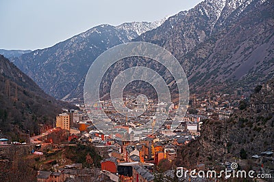 Andorra la Vella skyline at sunset Pyrenees Stock Photo