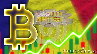 Andorra Realistic Flag with Neon Light Effect Bitcoin Icon Radial Blur Effect Fabric Texture 3D Illustration Stock Photo