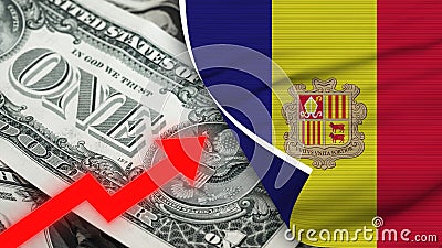 Andorra Realistic Flag, Usa Dollar, Rising Zigzag Red Arrow Stock Photo