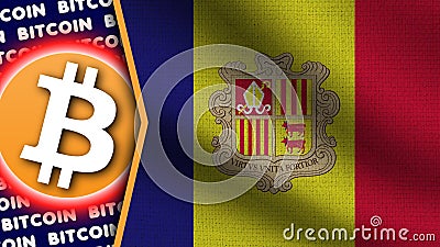 Andorra Realistic Wavy Flag, Bitcoin Logo and Titles, Circle Neon 3D Illustration Stock Photo