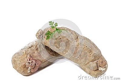 Andouillette: French typical sausage from pork intestine on a white background Stock Photo