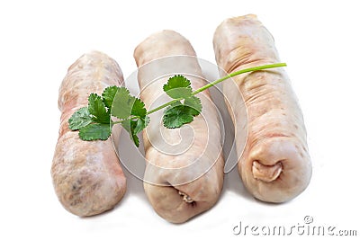 Andouillette: French typical sausage from pork intestine on a white background. Stock Photo