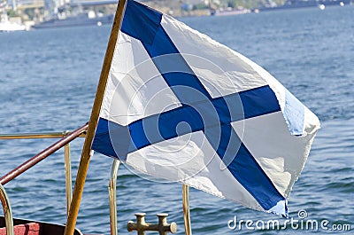 Andreevsky flag on the ship Stock Photo