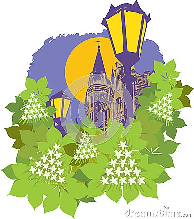 Andrew's Descent, Richard's Castle - Lionheart and Kyiv chestnuts in spring.Symbols of Kyiv Vector Illustration