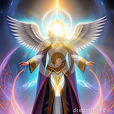 The Metatron. Ancient Archangel with wings and energy emitted from hands. Radiant face. Ai Generated image Stock Photo