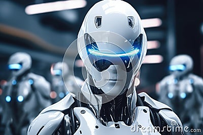 Android artificial intelligence in the city, the future and robots. Robot man, police guard. generative ai Stock Photo