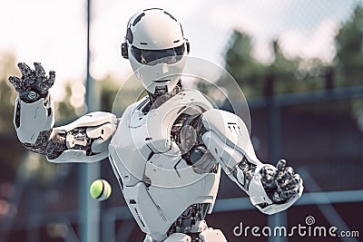 Android artificial intelligence in the city, the future and robots. The robot plays tennis. generative ai Stock Photo