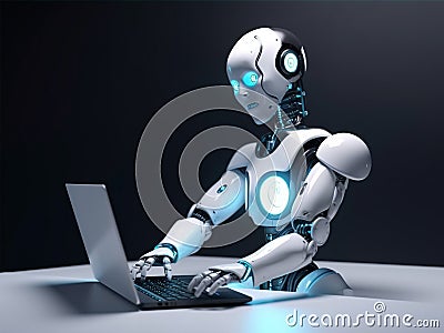 Android artificial intelligence robot cyborg working on a laptop in office, robot replace human work force, generative AI Stock Photo