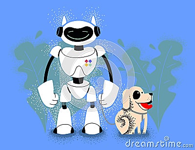 Robot walking with dog. Artificial intelligence technology. android assistant people. robots will replace humans. Futuristic Vector Illustration