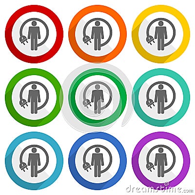 Android charging wire, humanoid robot vector icons, set of colorful flat design buttons for webdesign and mobile applications Vector Illustration