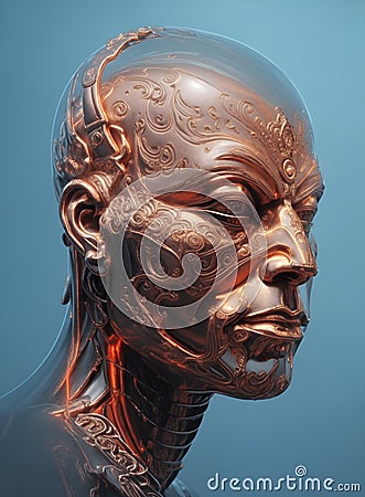 Android copper robot head. Background for design projects. Stock Photo