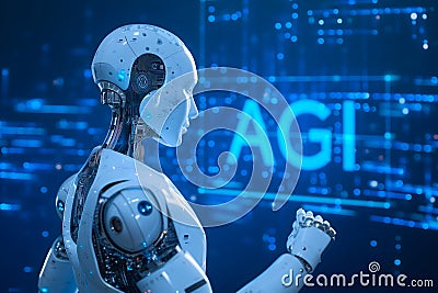Android head on abstract cybernetic data background with word AGI for Artificial General Intelligence Stock Photo
