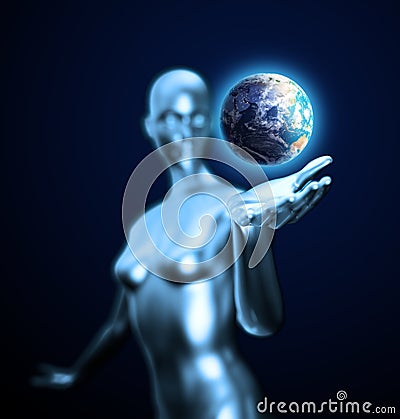 Android holding Earth Stock Photo