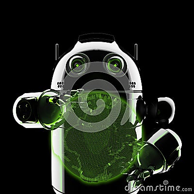 Android holding a glowing earth globe Stock Photo