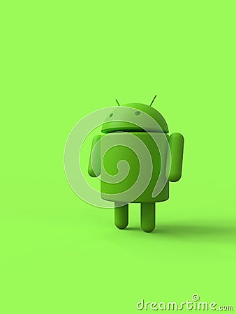 Android logo robot character, 3D on green background Editorial Stock Photo