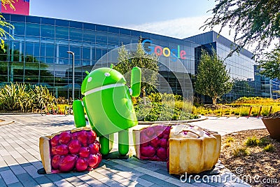 Android Pie sculpture located at at the entrance to Googleplex in Silicon Valley Editorial Stock Photo