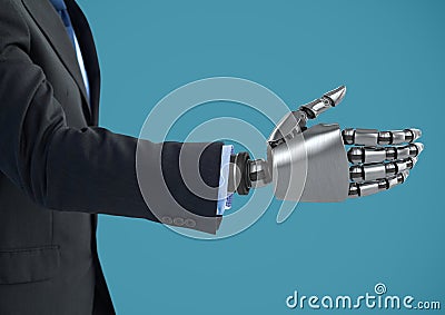 Android Robot businessman hand open for handshake with blue background Stock Photo