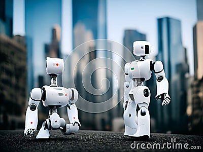 android, robot, cyborg, two robots stand on the ground with tall buildings as background generative ai illustration art Cartoon Illustration