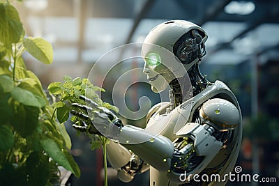 Android robot grows vegetables and greens in a large greenhouse Stock Photo