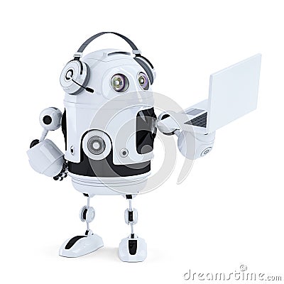 Android robot with headphones and laptop. Isolated. Contains clipping path Stock Photo