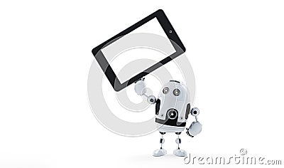 Android robot holding blank screen tablet Stock Photo