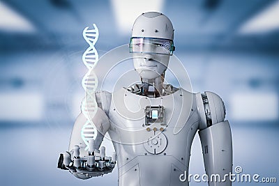 Android robot holding dna helix Stock Photo