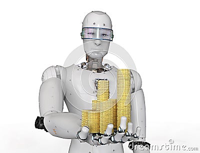 Android robot holding gold coins Stock Photo