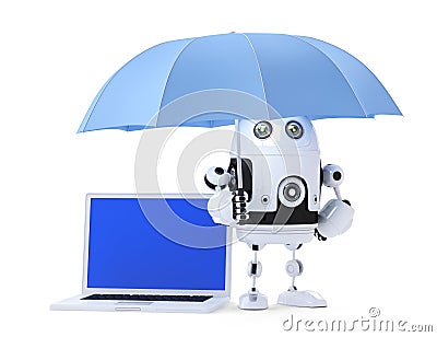 Android robot with laptop and umbrella. Security concept. Isolated. Contains clipping path of entire scene and laptop screen Stock Photo