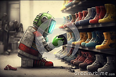 android robot picking out new pair of shoes for its collection Stock Photo
