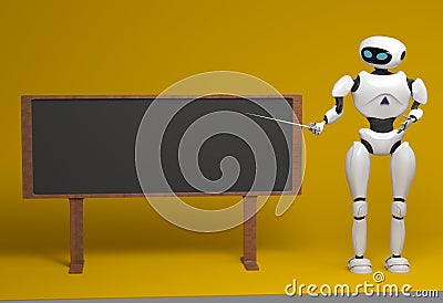 Android robot with pointer stick on orange background. 3d illustration. Robot teacher standing in front of blackboard. Cartoon Illustration